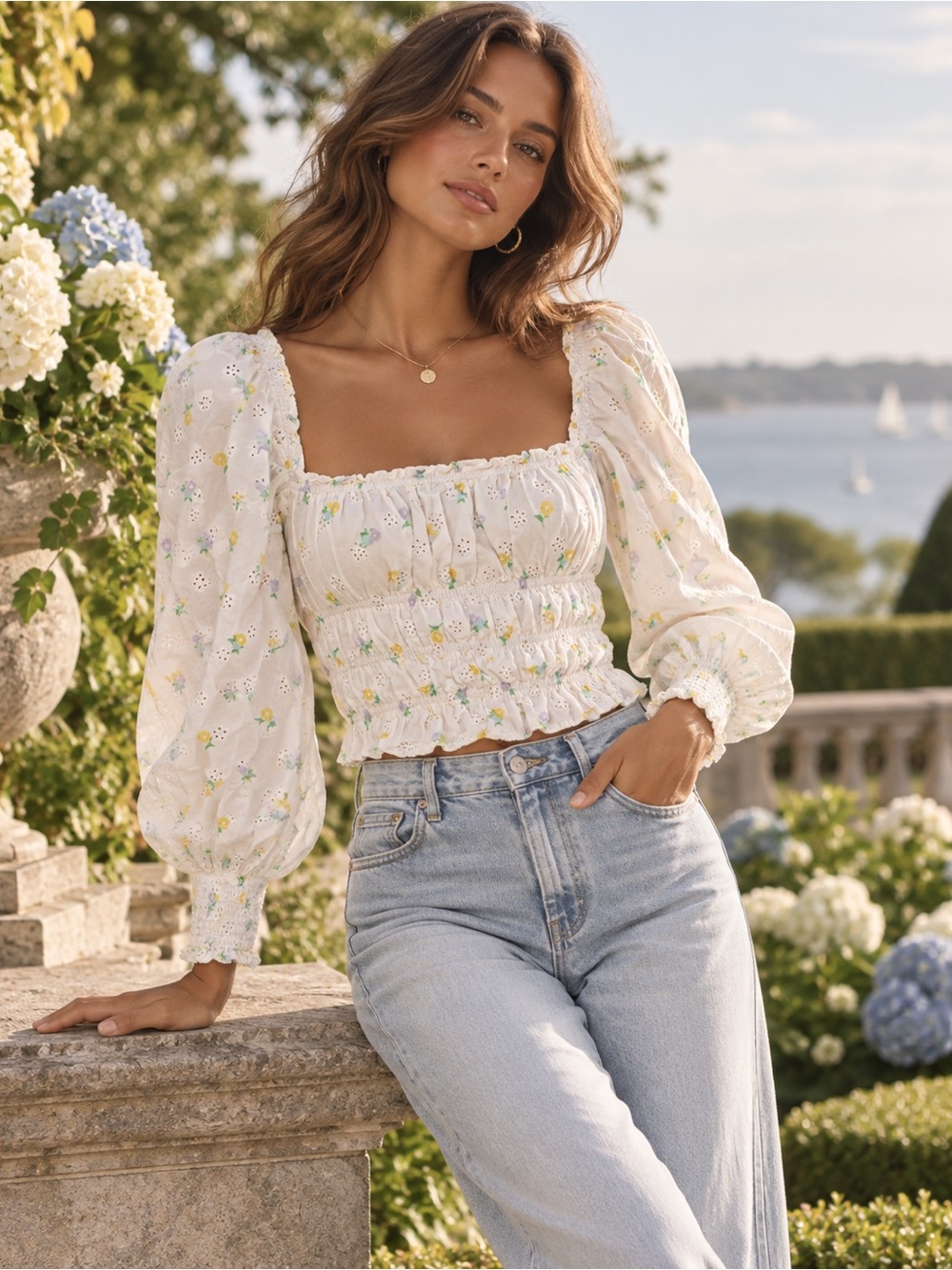 For Love & Lemons Floral Eyelet Square Neck Crop Top XS